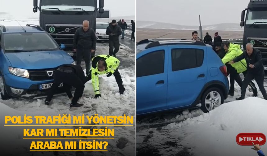 Yazı kışı bilmez polisimiz eliyle karı temizledi
